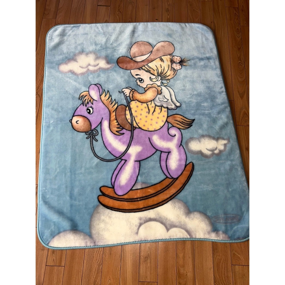Vintage Solaron Precious Moments Cowboy & Horse Blanket Plush Mink Thick Blue